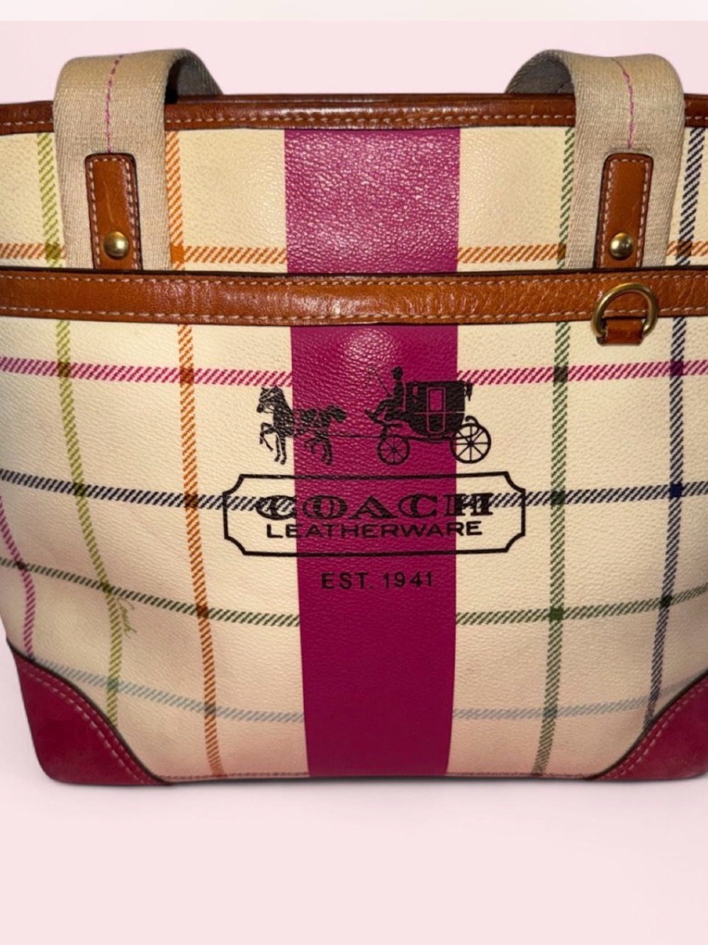 COACH Plaid Leather Tote in Cream with Pink Stripe